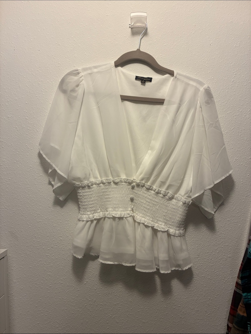 Shinestar White Smocked Waist V-Neck Flutter Sleeve Blouse